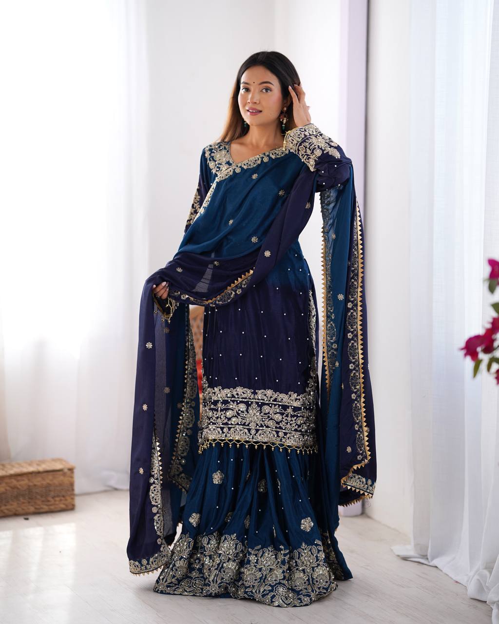 Designer silk kurta palazzo with dupatta set