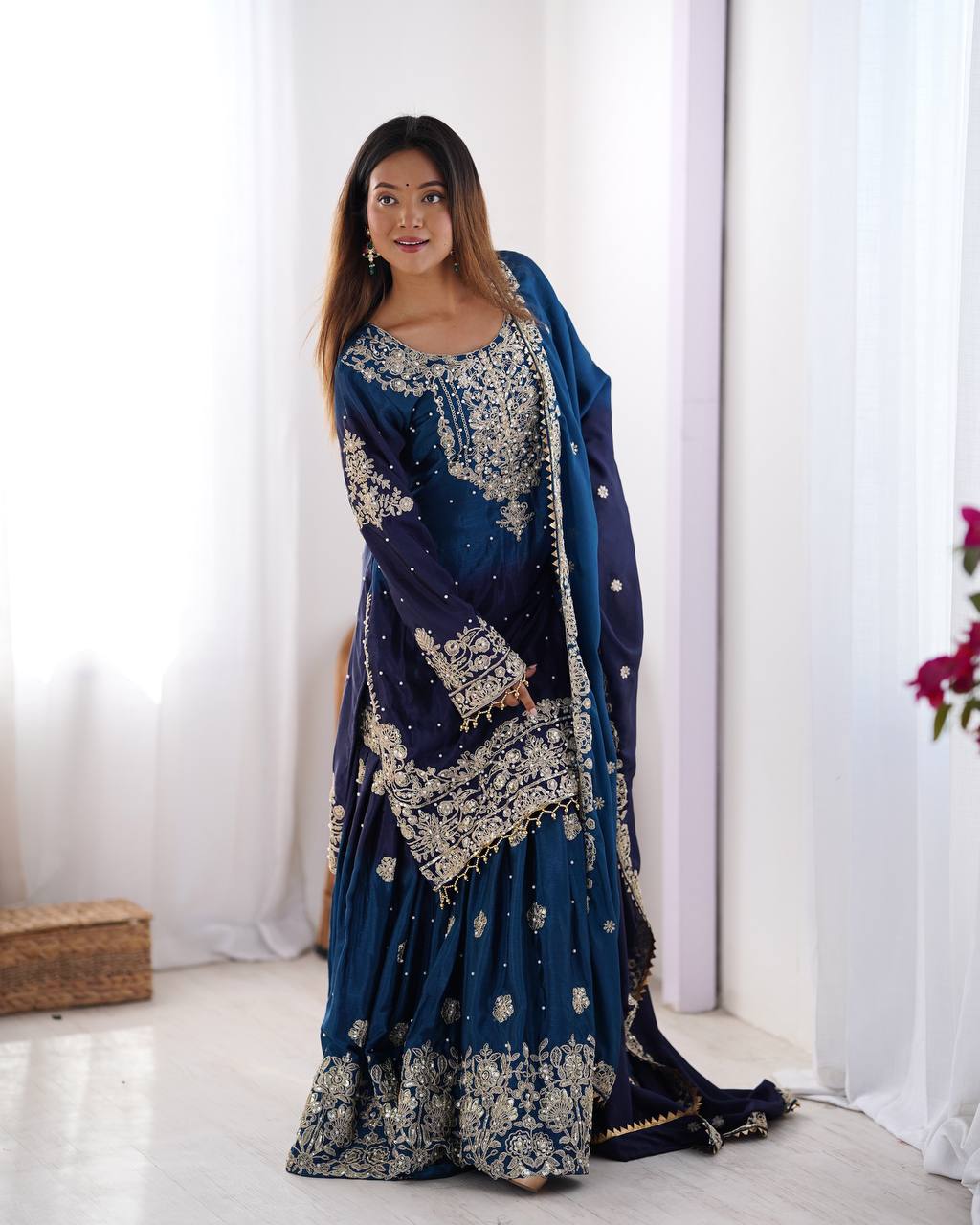 Designer silk kurta palazzo with dupatta set