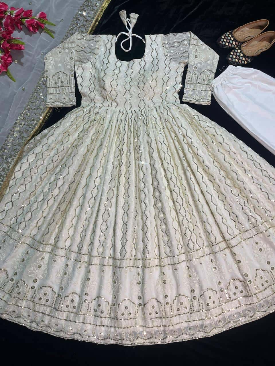 Heavy faux Georgette embroidery Gown Pant with Dupatta set