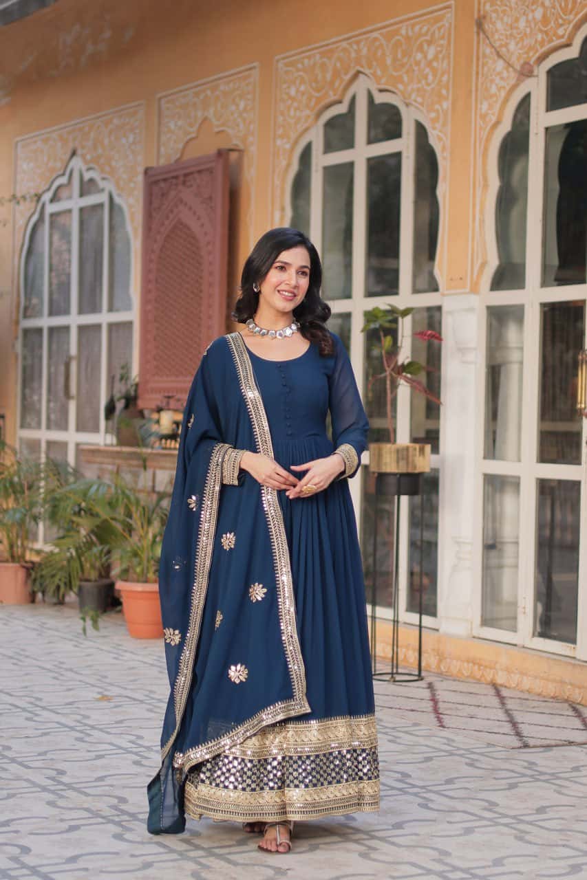 Luxury Designer Gown & Dupatta Set with Zari & Sequins Embroidery