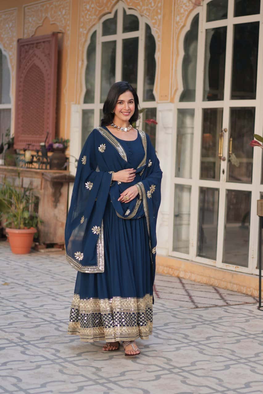Luxury Designer Gown & Dupatta Set with Zari & Sequins Embroidery