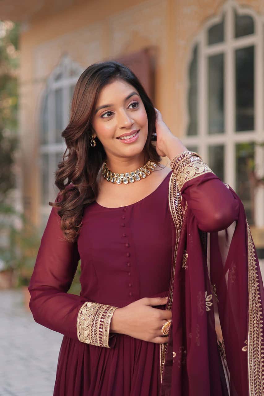 Luxury Designer Gown & Dupatta Set with Zari & Sequins Embroidery