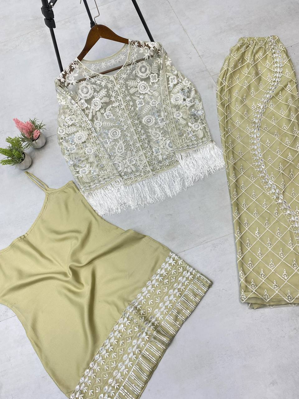Designer Trending Top, Koti, and Plazzo Set with Sequence Embroidery Work