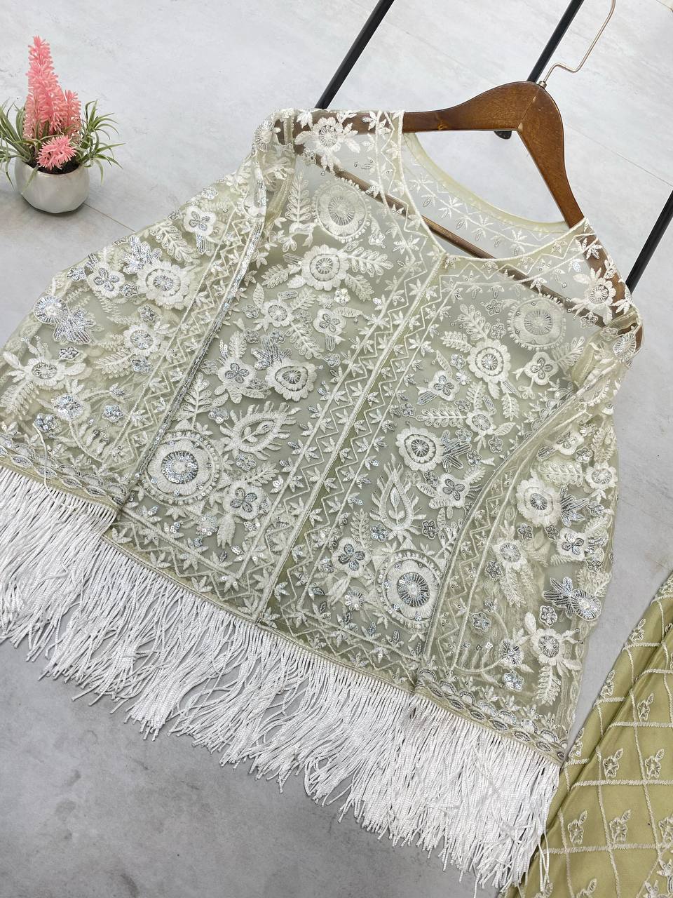 Designer Trending Top, Koti, and Plazzo Set with Sequence Embroidery Work