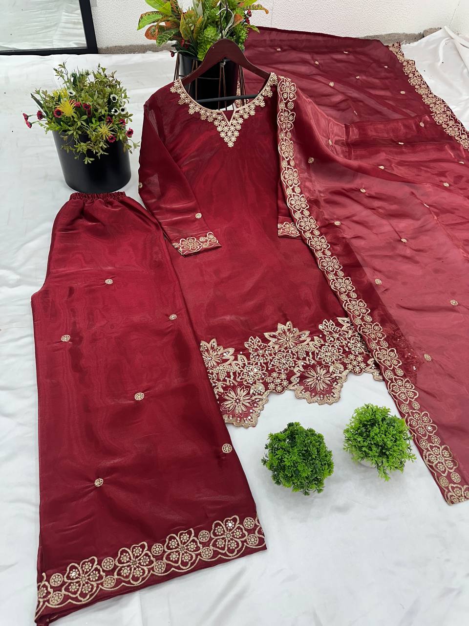 Latest designer silk hand embroidered short kurta palazzo with dupatta sets