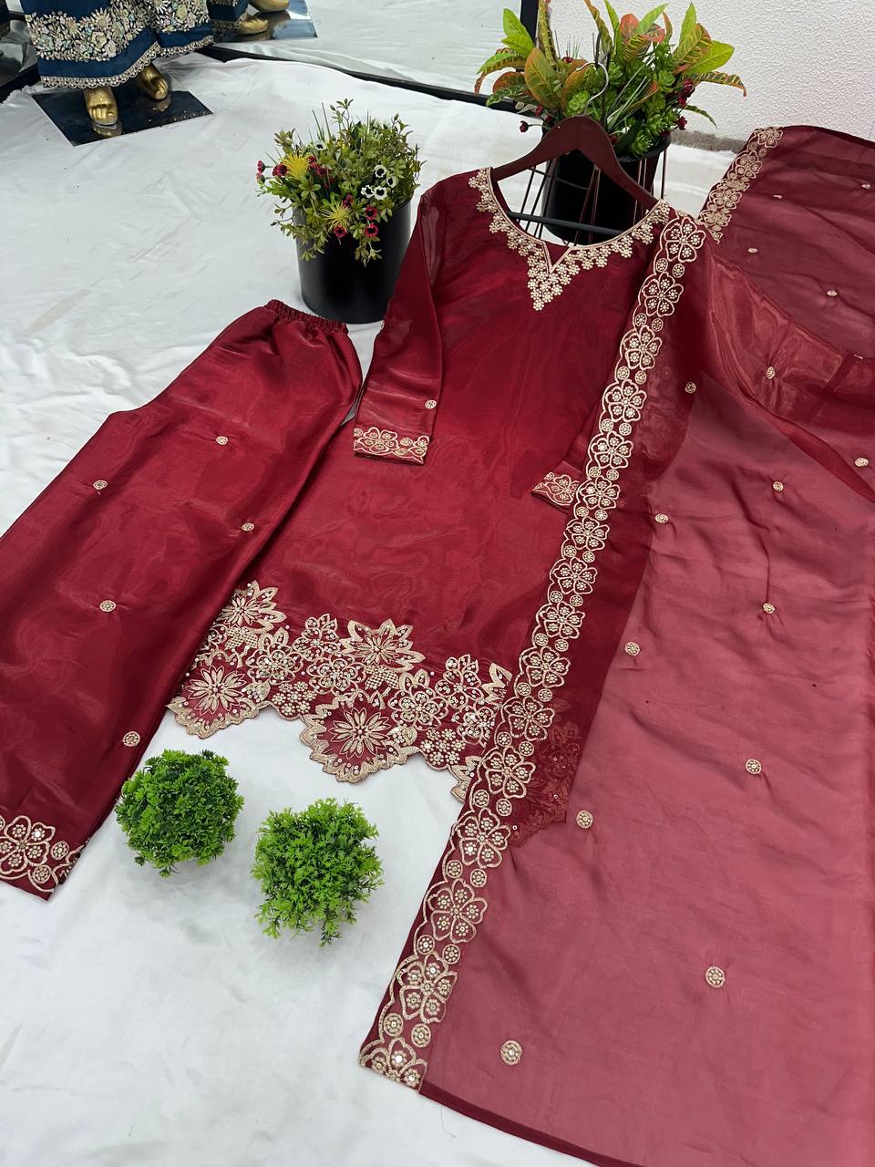 Latest designer silk hand embroidered short kurta palazzo with dupatta sets