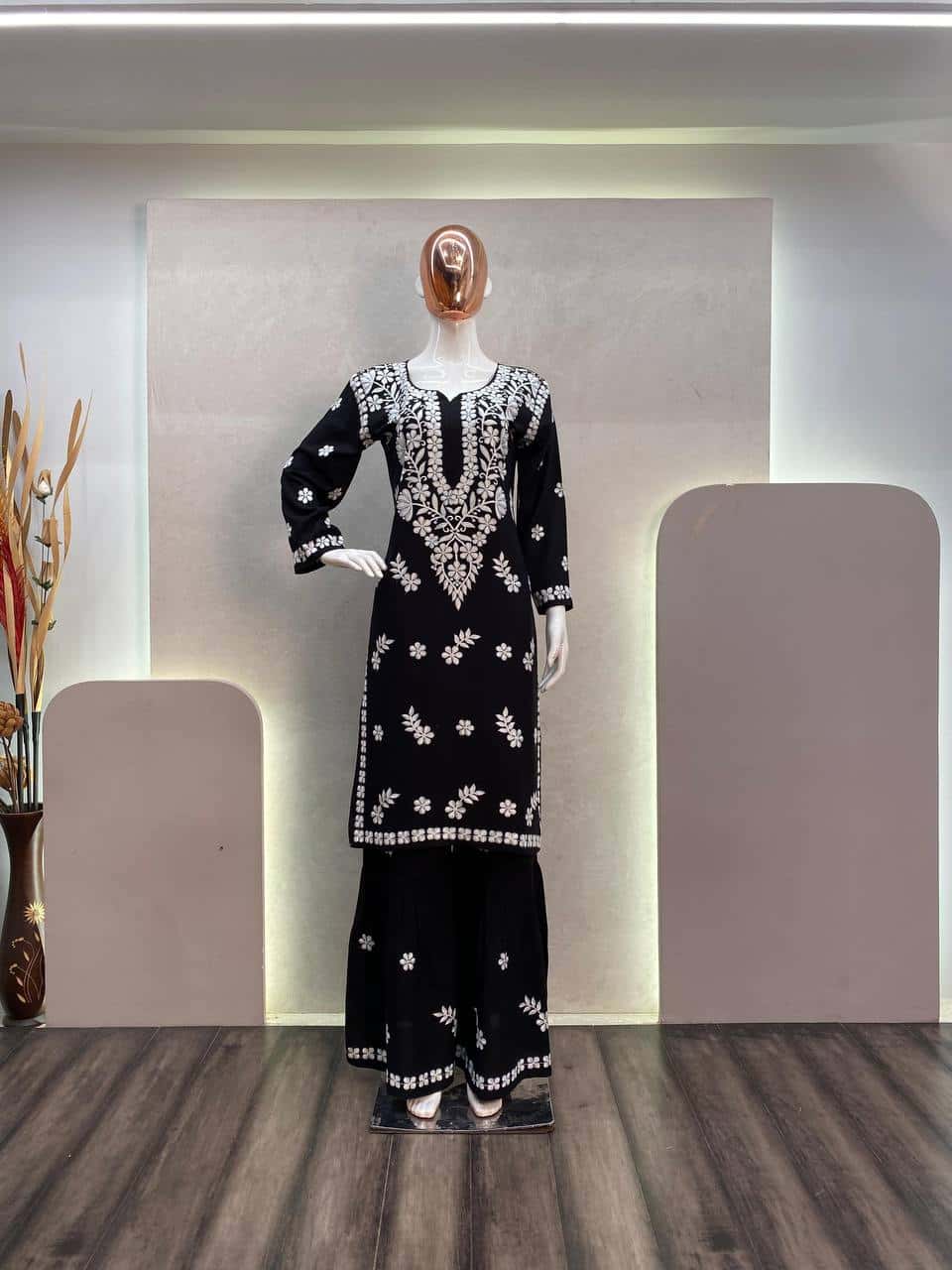 MASLIN TOP WITH COTTON THREAD EMBROIDERED WORK SHARARA