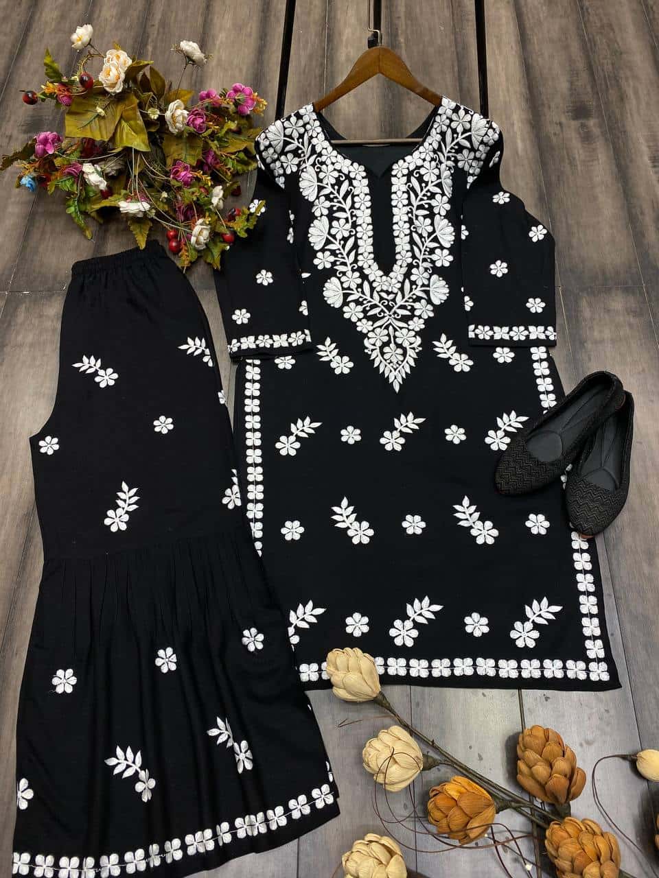 MASLIN TOP WITH COTTON THREAD EMBROIDERED WORK SHARARA