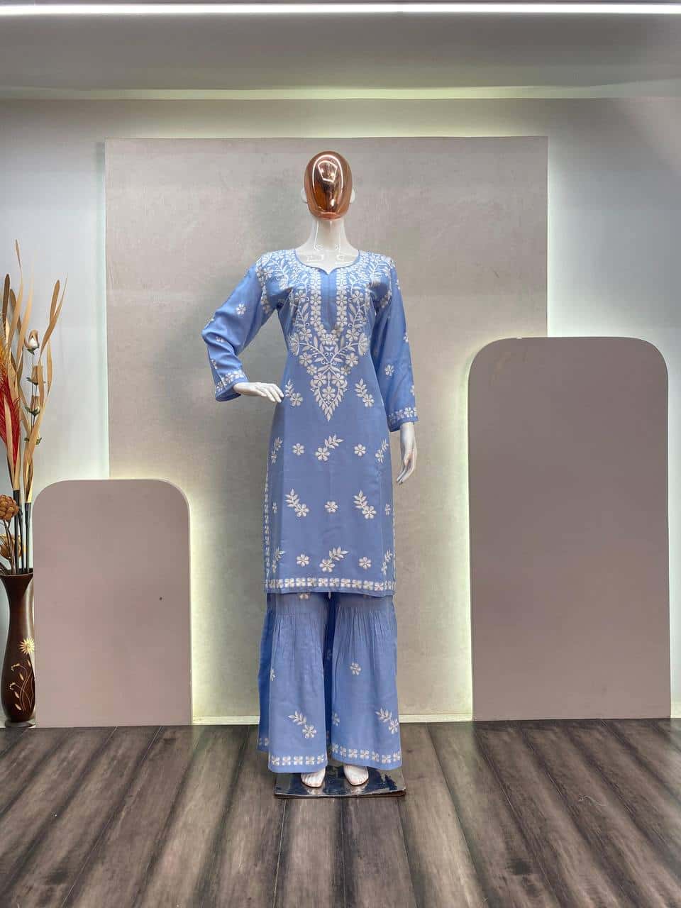MASLIN TOP WITH COTTON THREAD EMBROIDERED WORK SHARARA