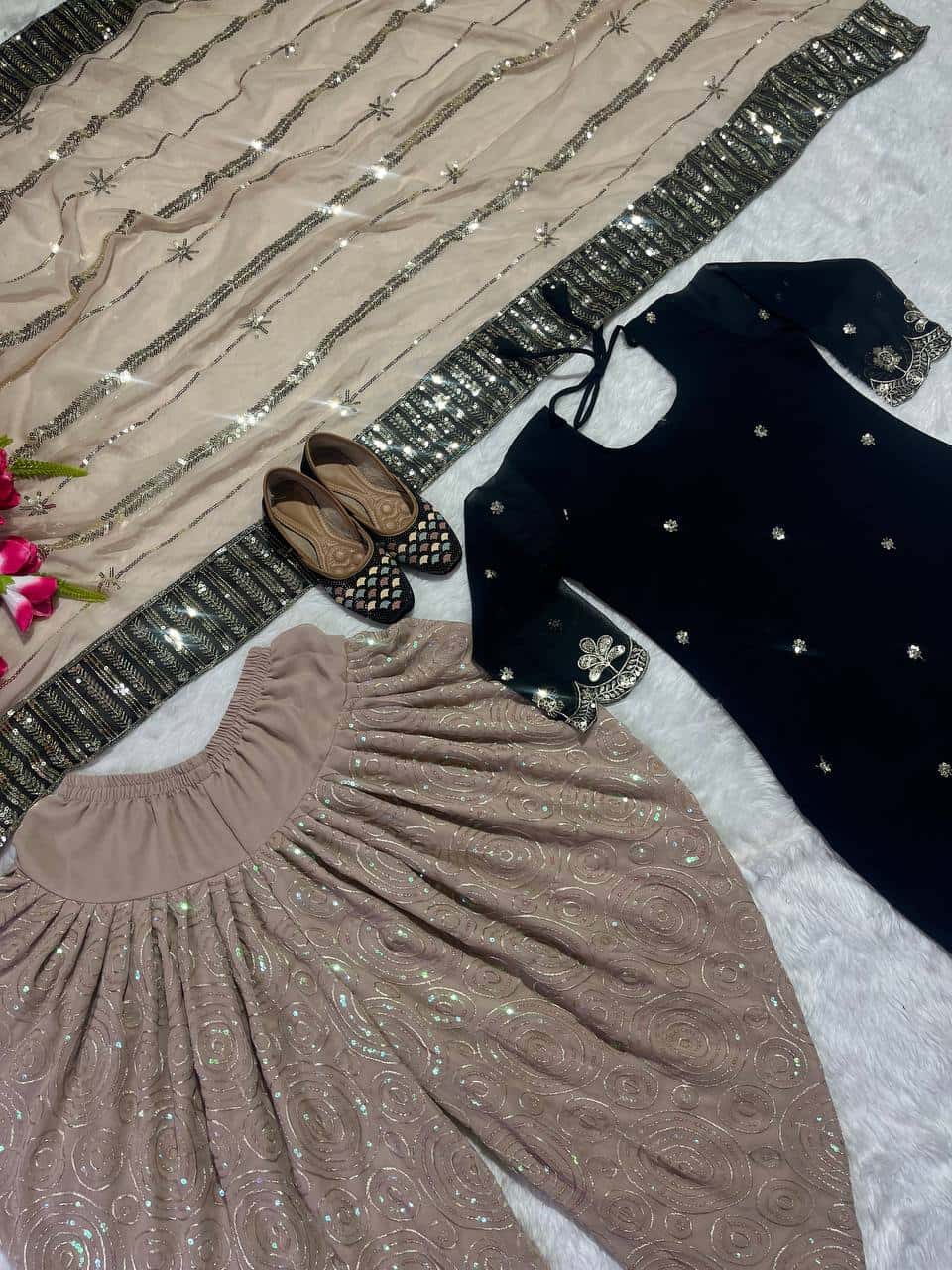 Elegant Faux Georgette Embroidered Top and Dhoti Salwar Set with Dupatta