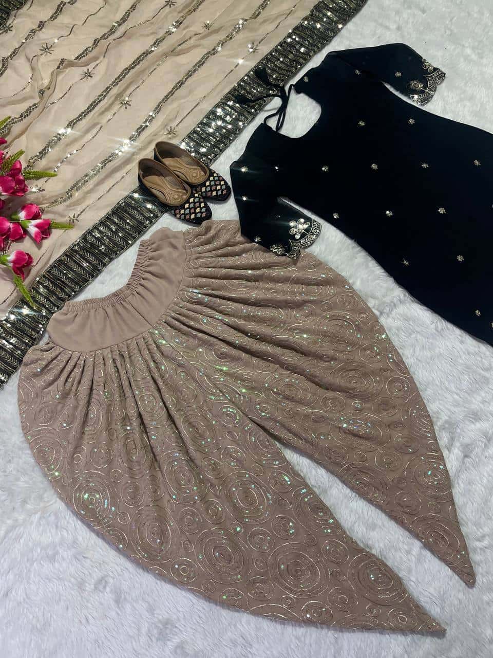 Elegant Faux Georgette Embroidered Top and Dhoti Salwar Set with Dupatta