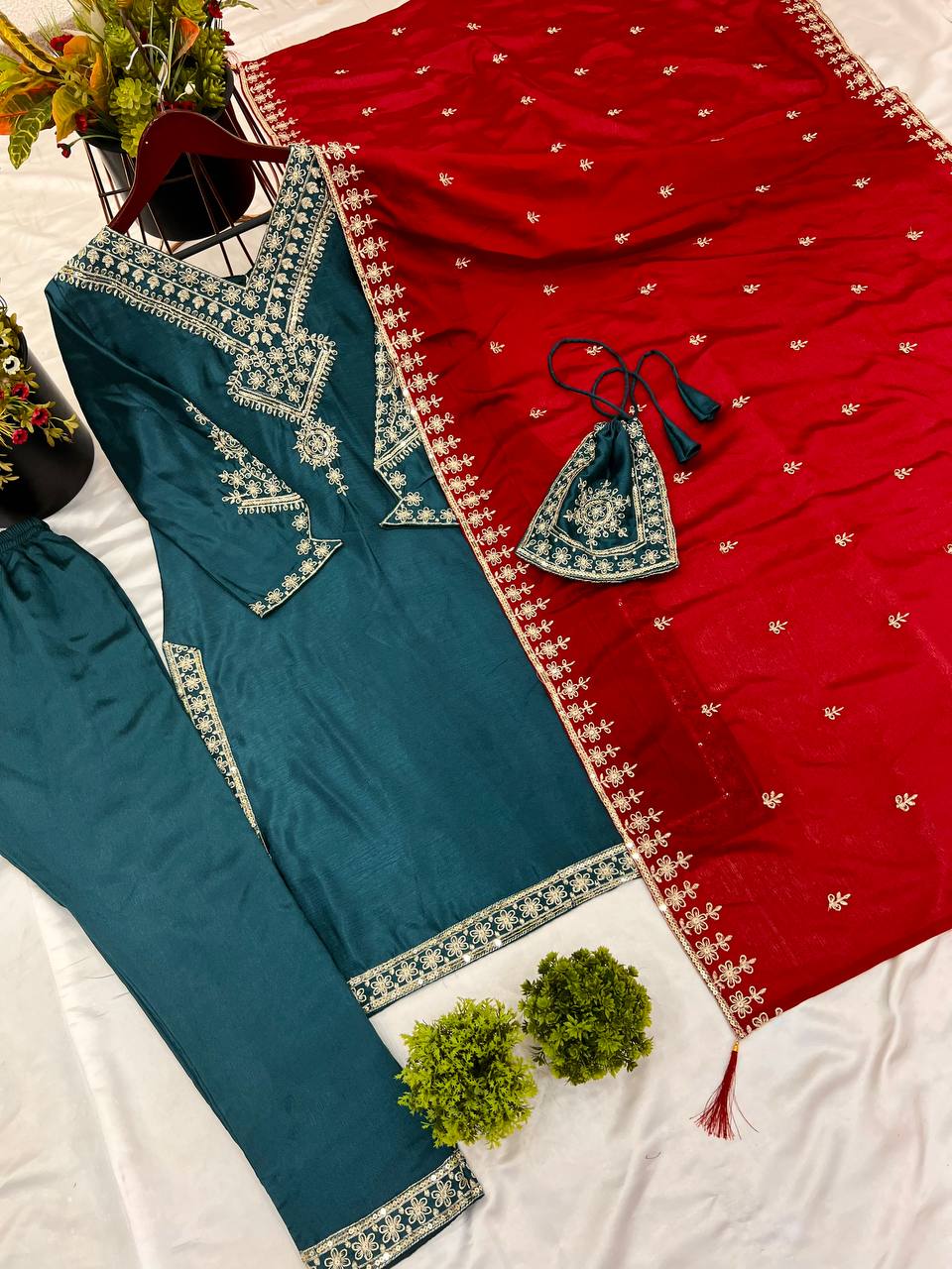 Designer chinnon silk kurta pant with dupatta sets