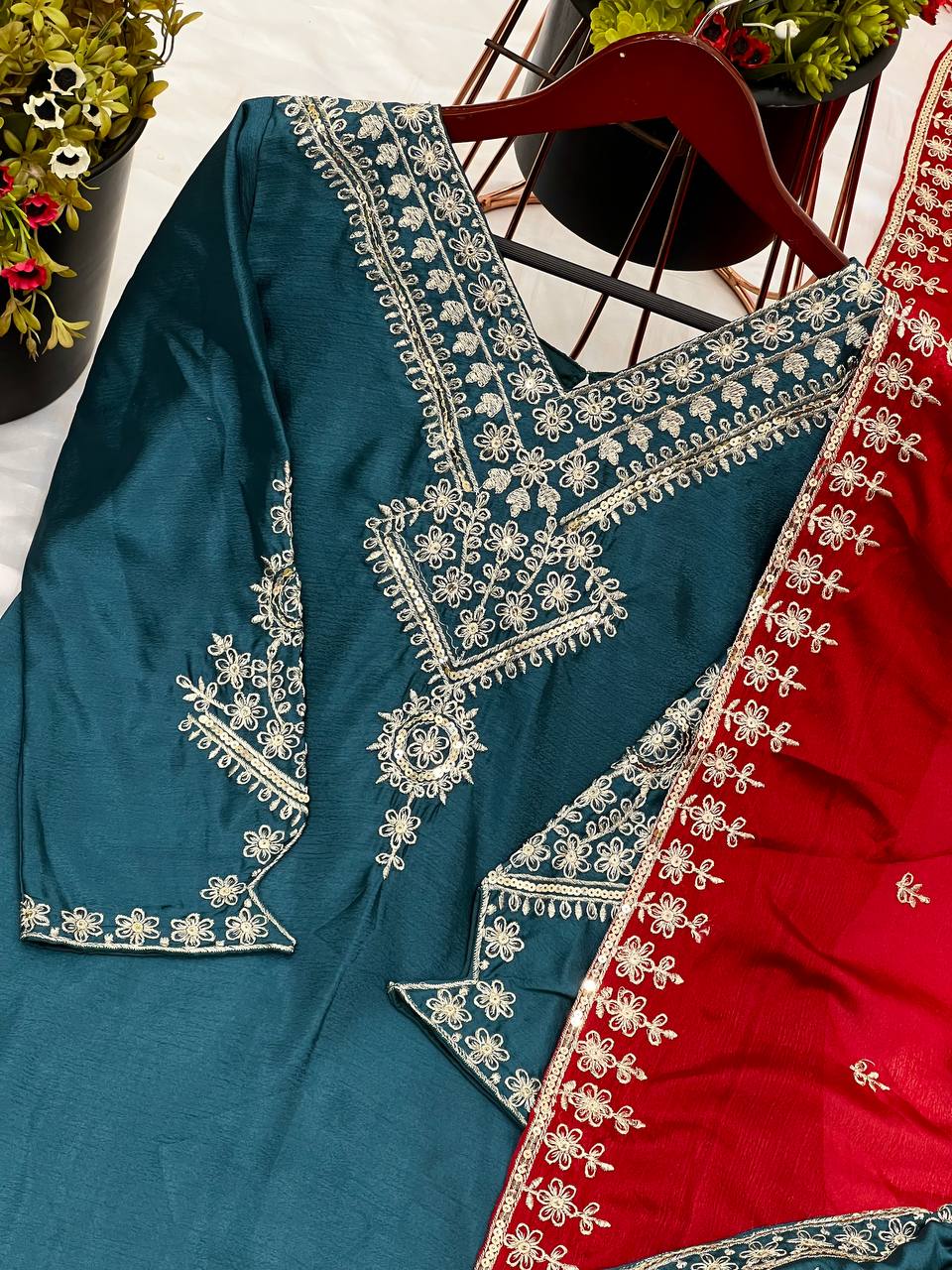Designer chinnon silk kurta pant with dupatta sets