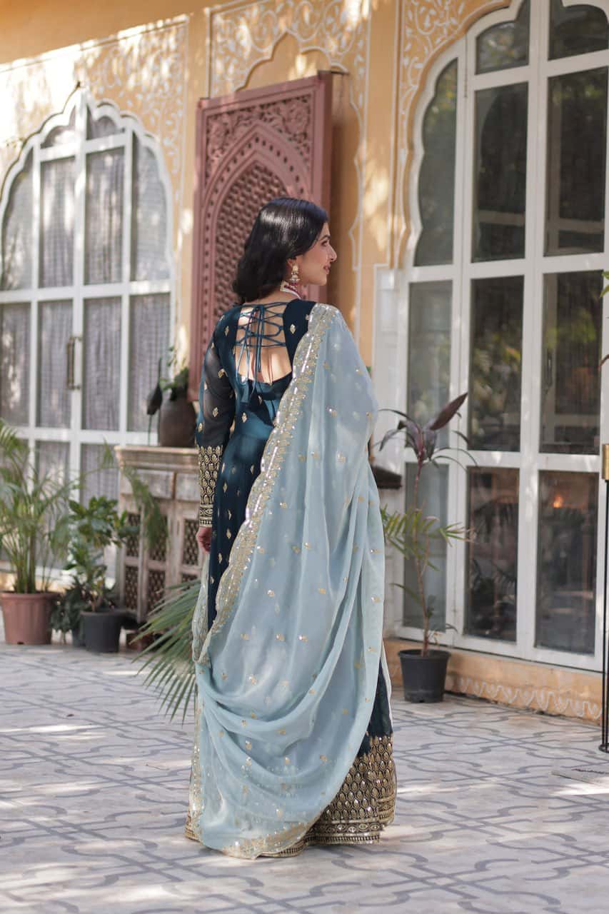 Luxury Designer Gown & Dupatta Set with Zari Sequins Embroidery