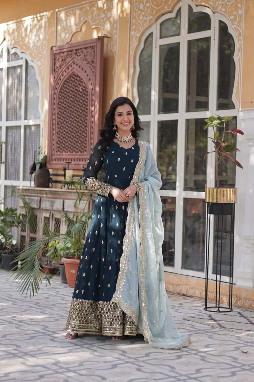 Luxury Designer Gown & Dupatta Set with Zari Sequins Embroidery