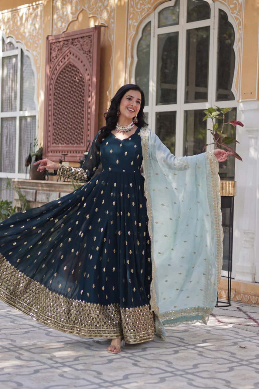 Luxury Designer Gown & Dupatta Set with Zari Sequins Embroidery