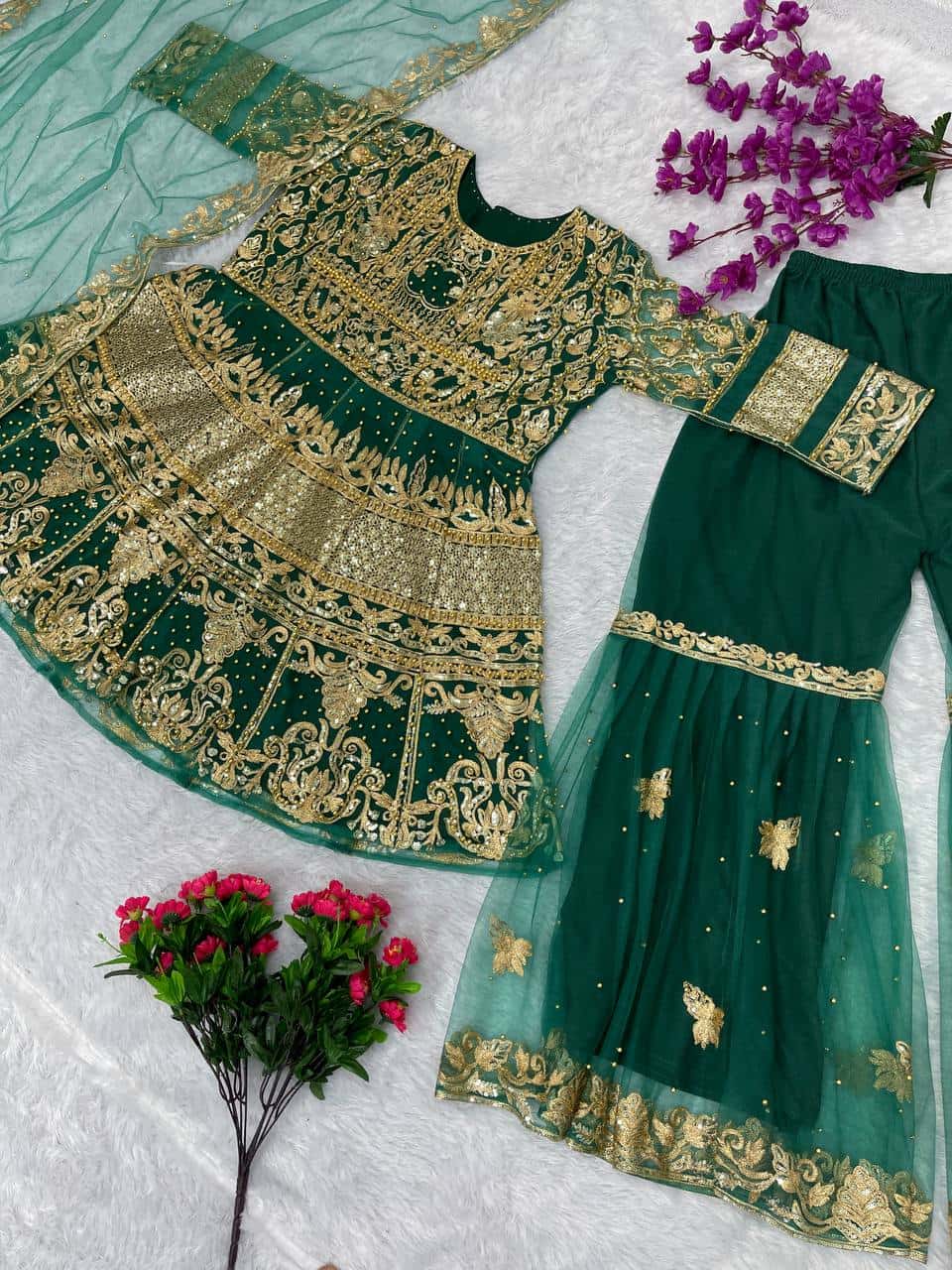 Elegant Soft Net Top and Silk Palazzo Set with Embroidery and Revet Moti Work