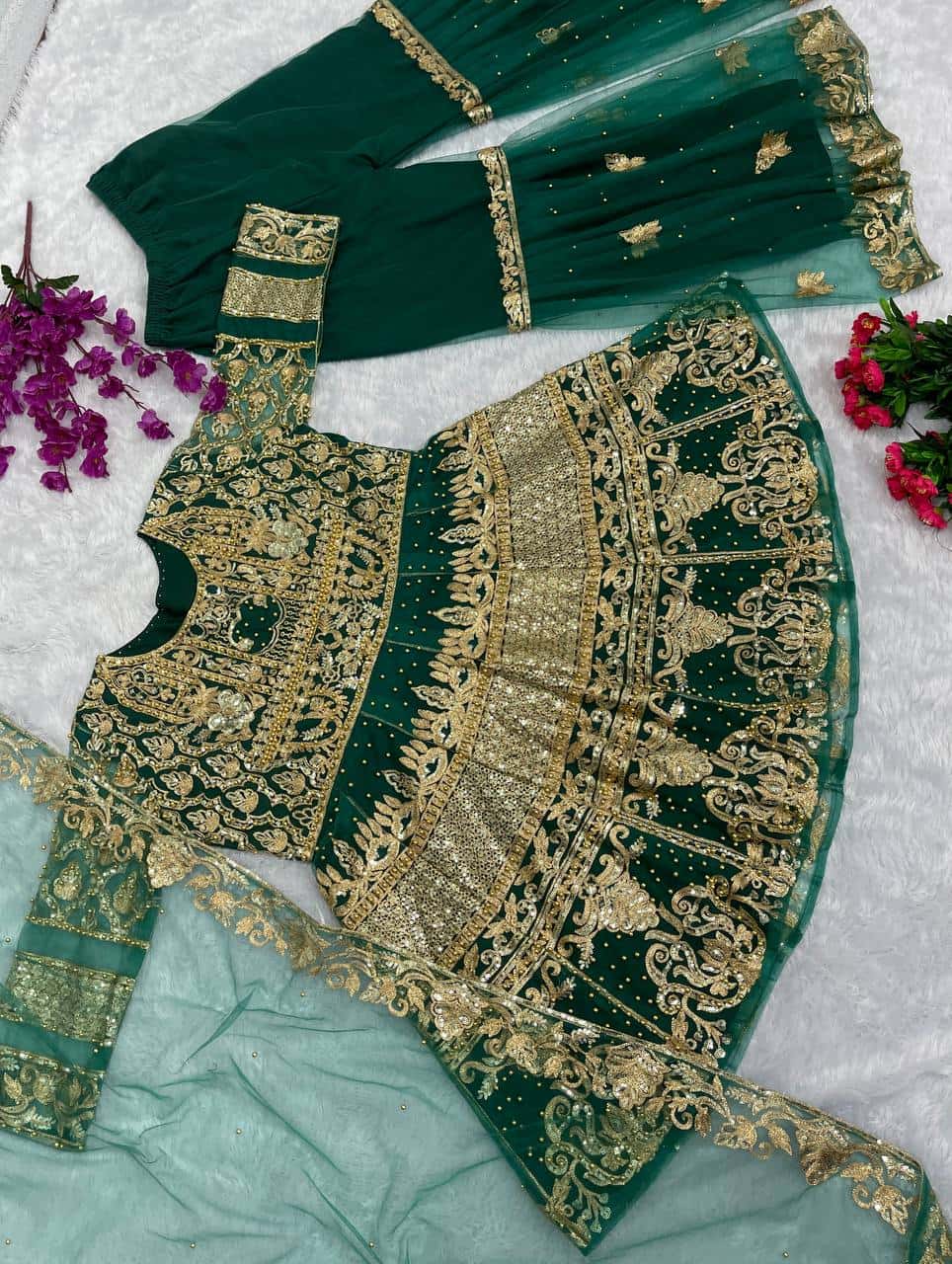 Elegant Soft Net Top and Silk Palazzo Set with Embroidery and Revet Moti Work