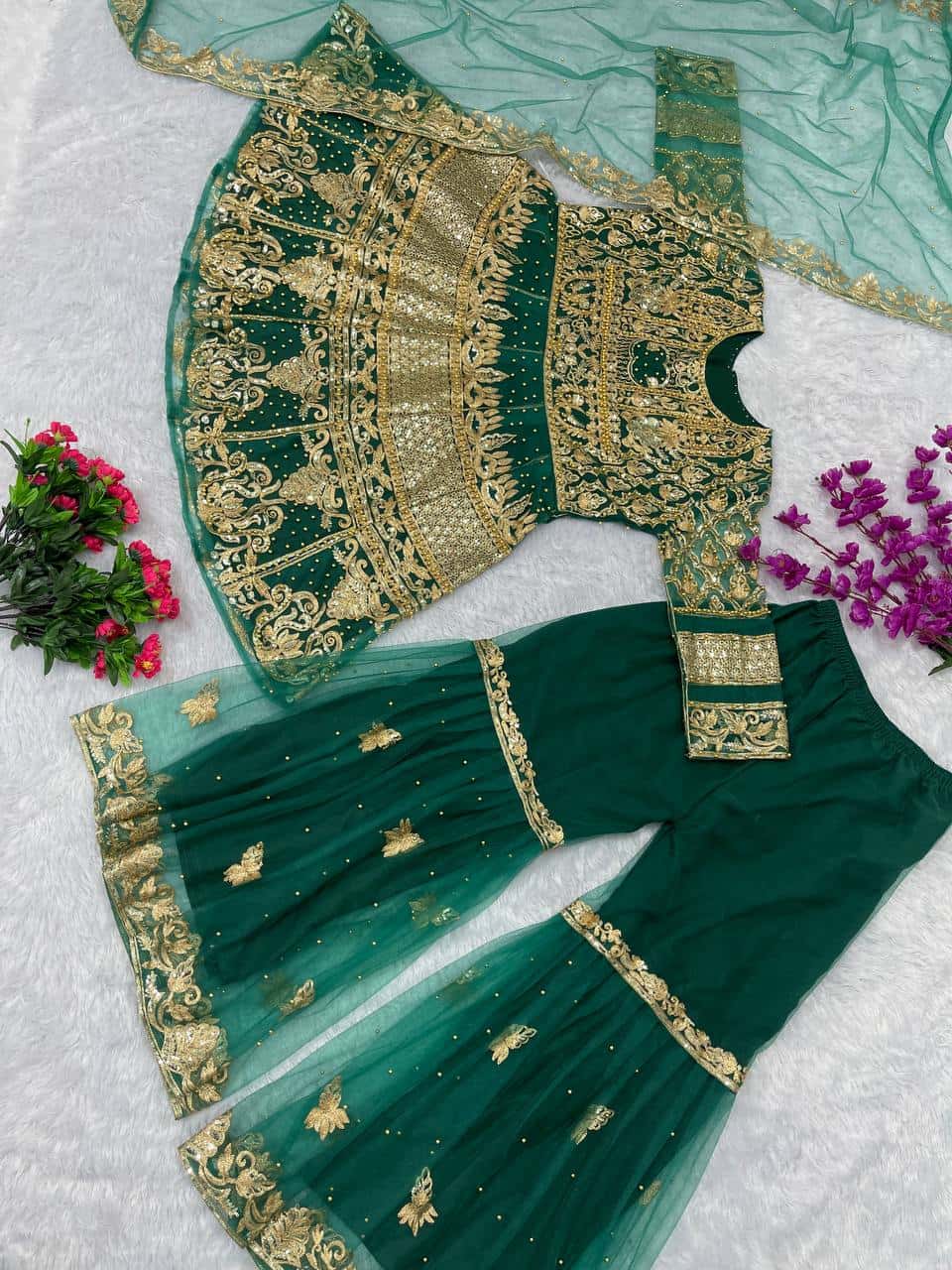 Elegant Soft Net Top and Silk Palazzo Set with Embroidery and Revet Moti Work