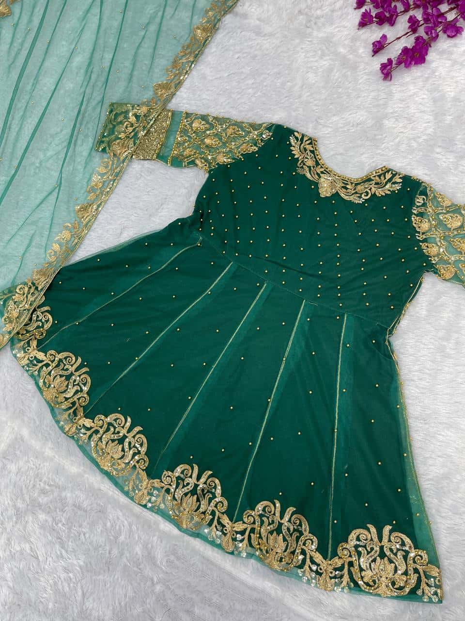 Elegant Soft Net Top and Silk Palazzo Set with Embroidery and Revet Moti Work
