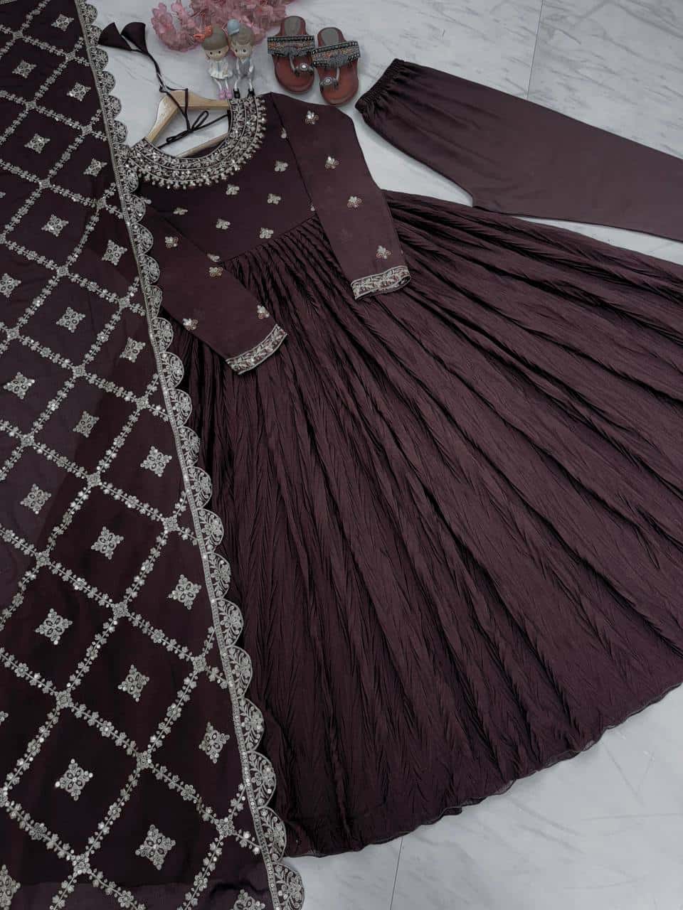 "Elegant Pur Crush Chinon Silk Embroidered Gown Set with Tassels, Dupatta, and Micro Cotton Inner"