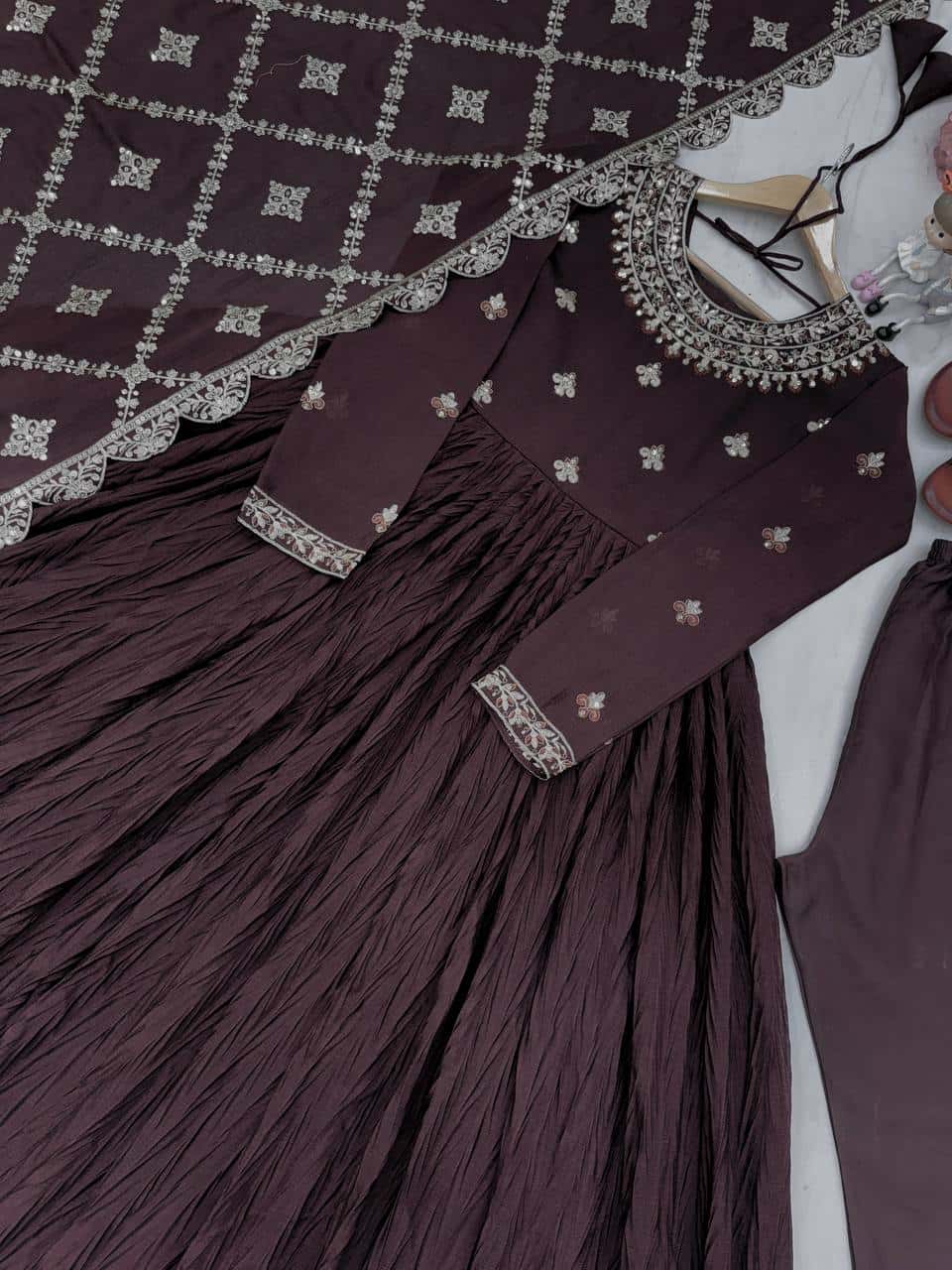 "Elegant Pur Crush Chinon Silk Embroidered Gown Set with Tassels, Dupatta, and Micro Cotton Inner"