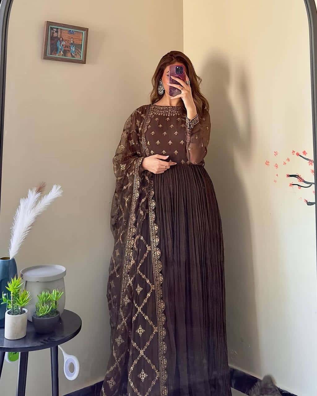 "Elegant Pur Crush Chinon Silk Embroidered Gown Set with Tassels, Dupatta, and Micro Cotton Inner"