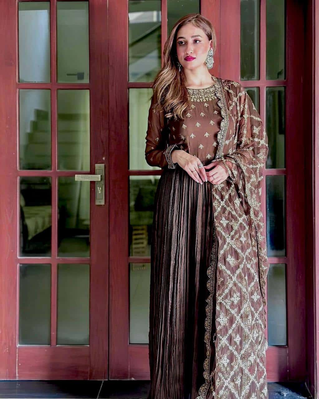 "Elegant Pur Crush Chinon Silk Embroidered Gown Set with Tassels, Dupatta, and Micro Cotton Inner"