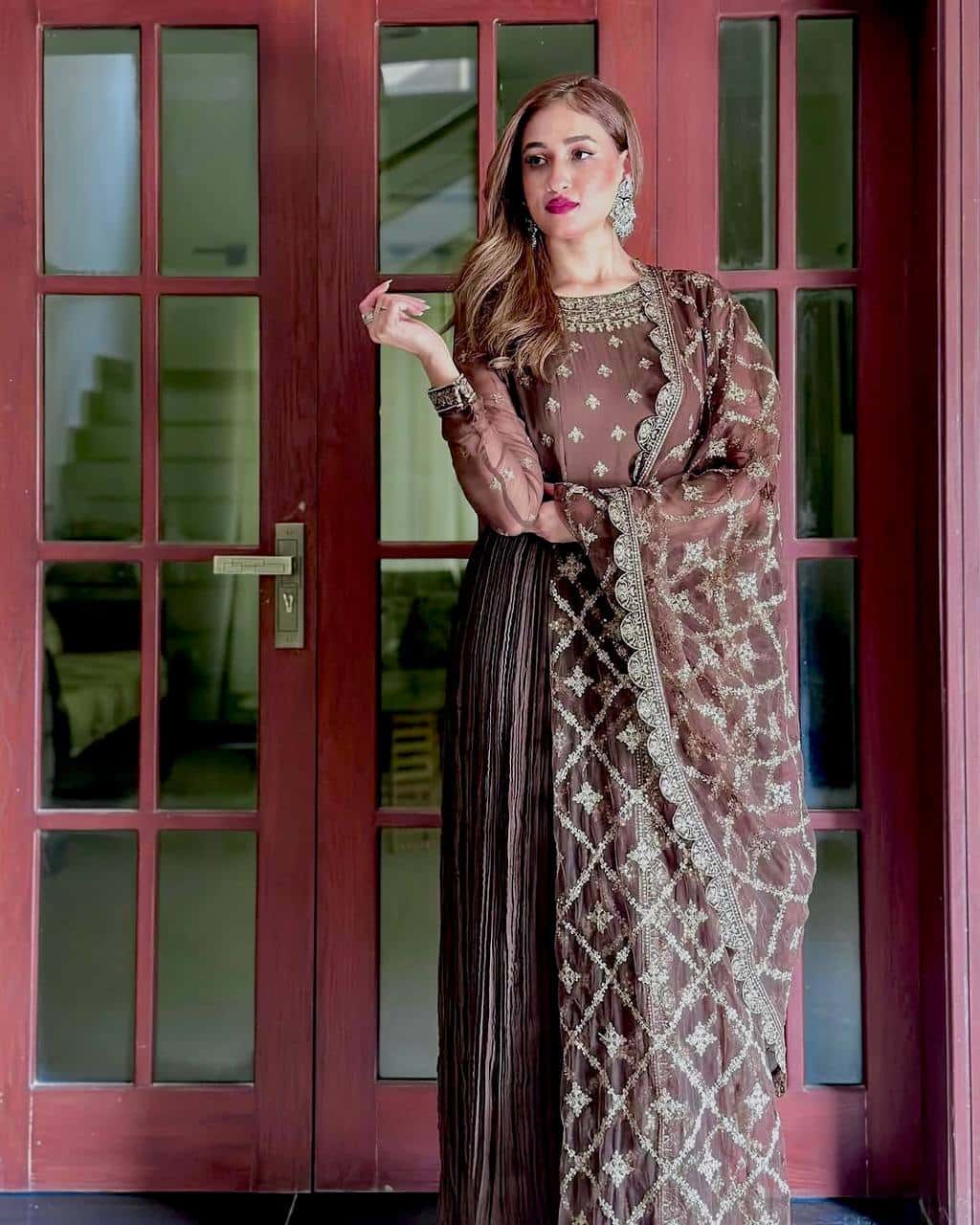 "Elegant Pur Crush Chinon Silk Embroidered Gown Set with Tassels, Dupatta, and Micro Cotton Inner"