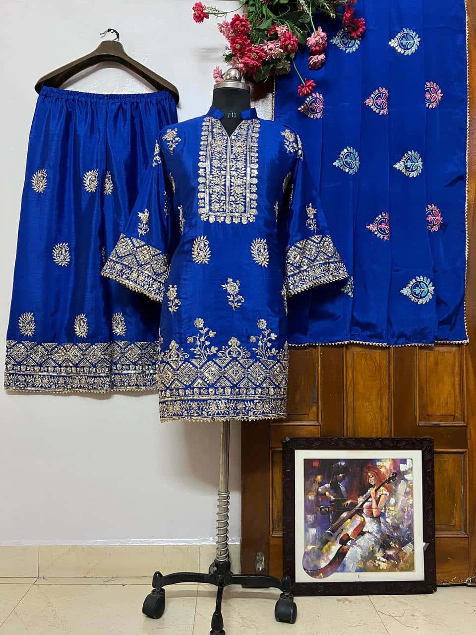 New Kurti-Plazzo Set in Chinon Silk with Beautiful Sequins Embroidery Work